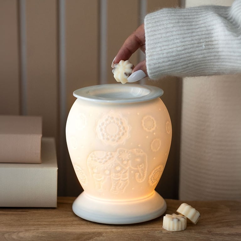 Elephant White Ceramic Electric Oil Burner and Wax Warmer - Home Fragrance Diffuser with Warm Glow and Scented Decor