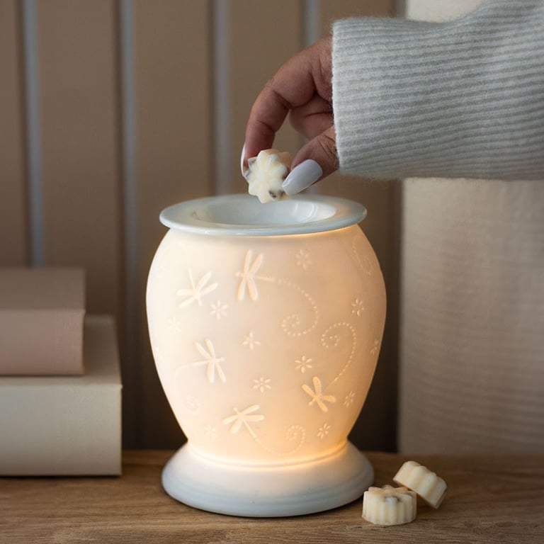White Ceramic Dragonfly Electric Burner & Wax Warmer - Home Fragrance Heater with Soft Yellow Glow