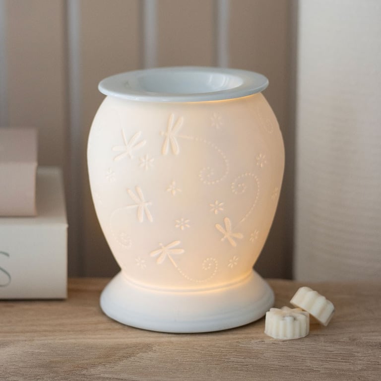 White Ceramic Dragonfly Electric Burner & Wax Warmer - Home Fragrance Heater with Soft Yellow Glow