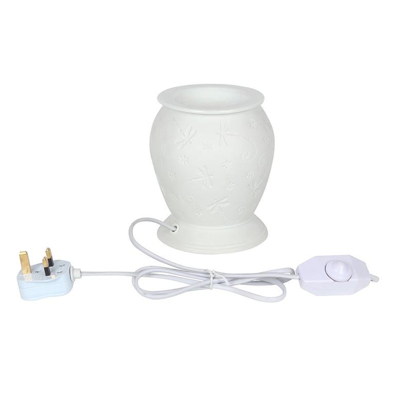 White Ceramic Dragonfly Electric Burner & Wax Warmer - Home Fragrance Heater with Soft Yellow Glow