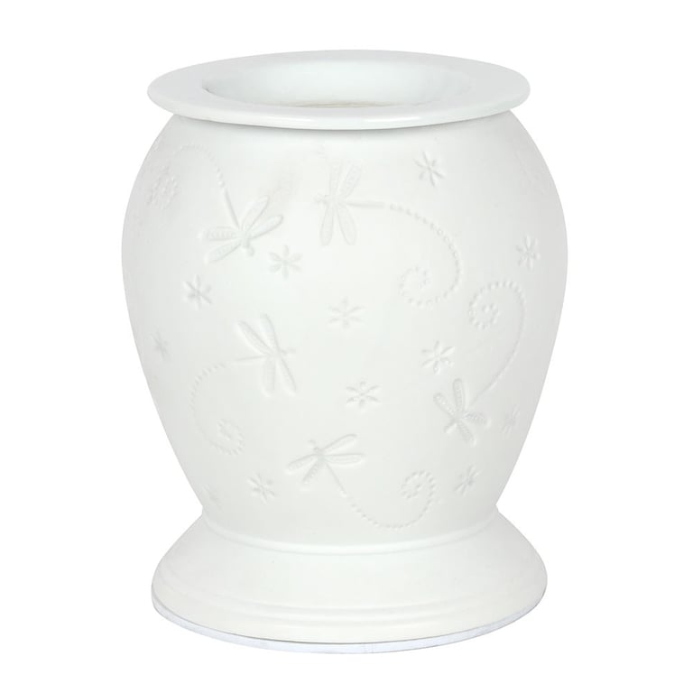 White Ceramic Dragonfly Electric Burner & Wax Warmer - Home Fragrance Heater with Soft Yellow Glow