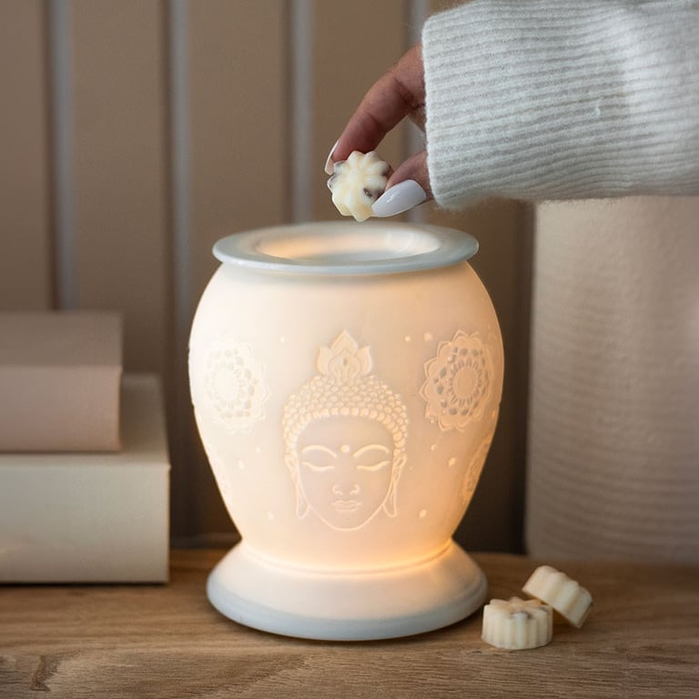 White Ceramic Buddha Electric Oil Burner and Wax Warmer for Relaxation and Wellness