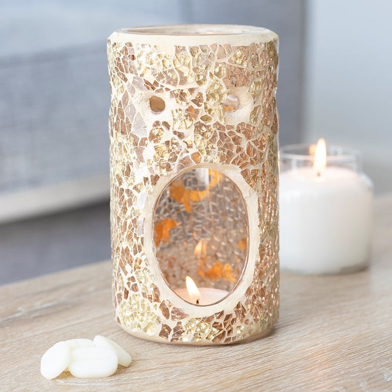 Gold Pillar Crackle Glass Oil Burner and Wax Warmer - Elegant Home Decor with Mirrored Finish