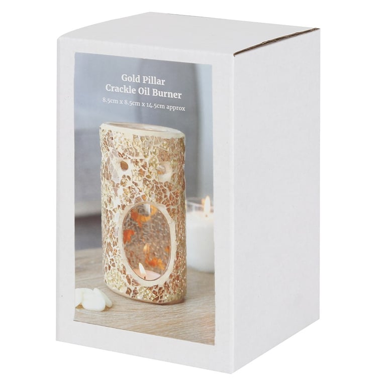 Gold Pillar Crackle Glass Oil Burner and Wax Warmer - Elegant Home Decor with Mirrored Finish