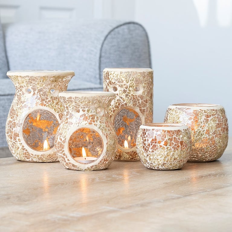 Gold Pillar Crackle Glass Oil Burner and Wax Warmer - Elegant Home Decor with Mirrored Finish