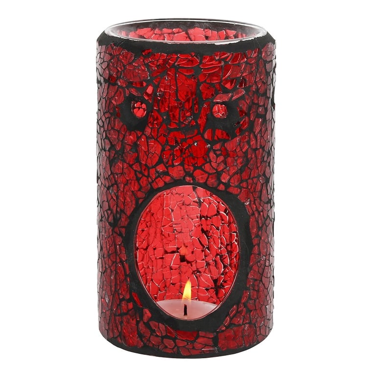 Red Pillar Crackle Glass Oil Burner and Wax Warmer - Home Fragrance Essential Oil Diffuser for Decorative Ambiance