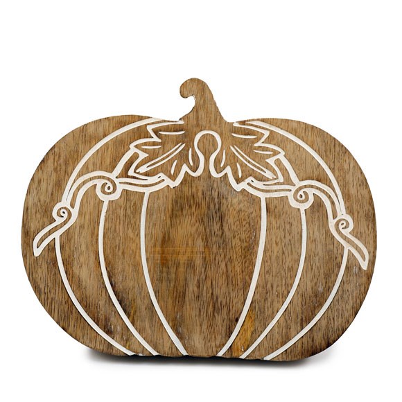 25cm Rustic Mango Wood Carved Autumn Pumpkin Decoration
