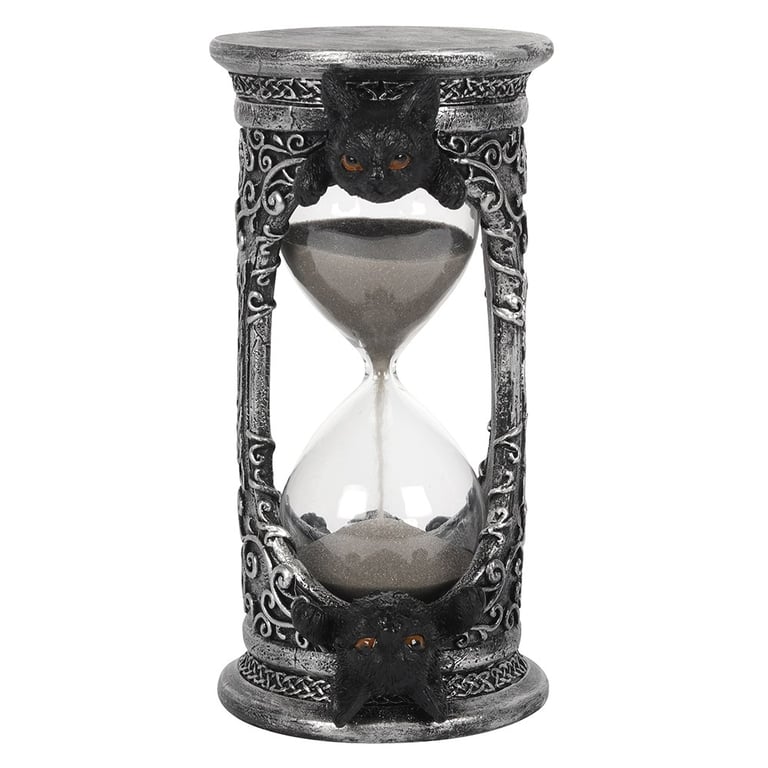 17cm Black Cat Gothic Faux Silver Resin Hourglass Timer