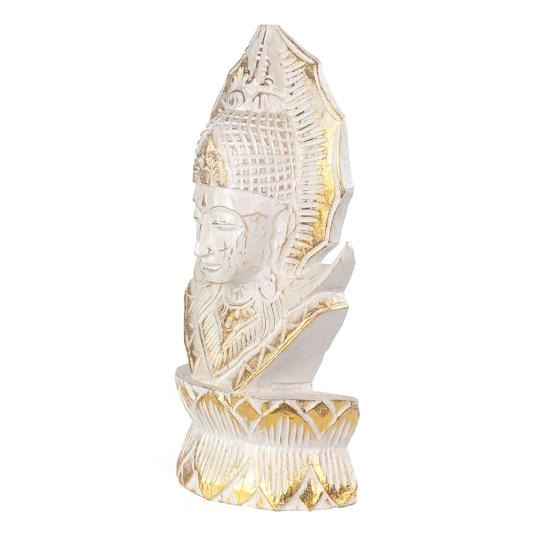 Whitewash Albasia Wood Thai Buddha Hand Carved Ornament from Bali Thailand with Gold Edging
