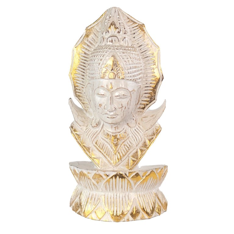 Whitewash Albasia Wood Thai Buddha Hand Carved Ornament from Bali Thailand with Gold Edging