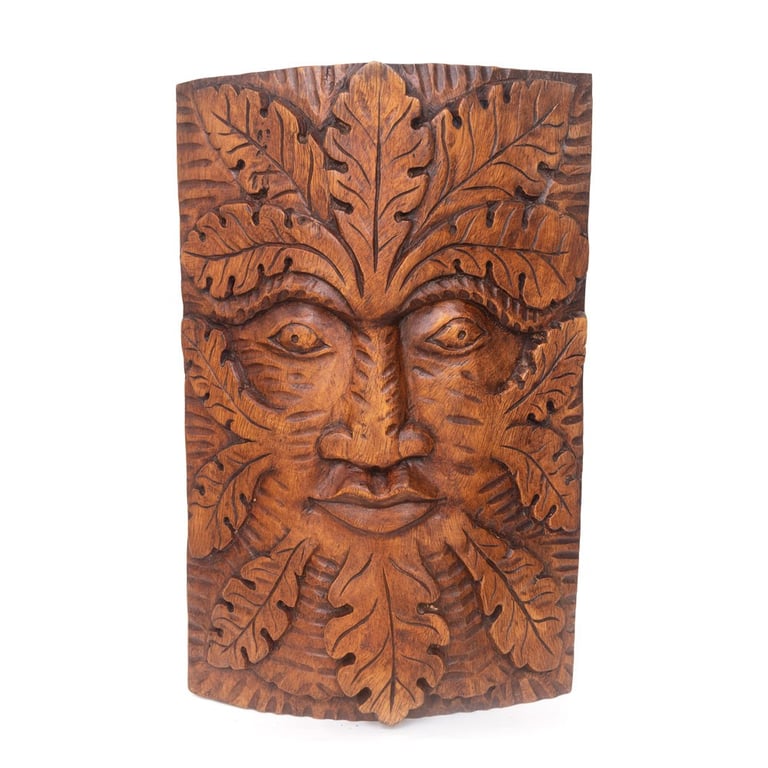 Natural Acacia Wood Green Man Handcarved Wall Plaque Decoration