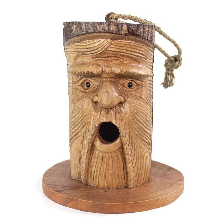 Handcarved Green Man Pinewood Bird House - Bali Handicraft Garden Decoration
