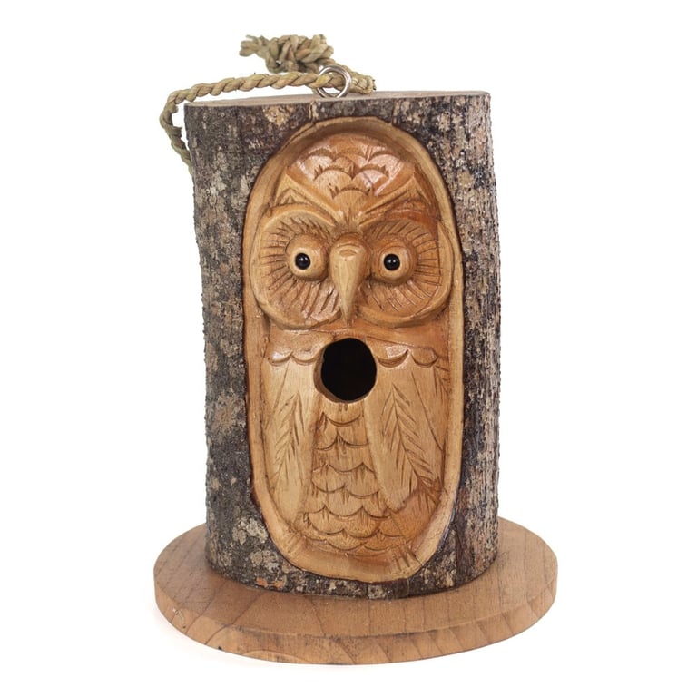 Pine Wood Handcarved Owl Bird House - Eco-Friendly Garden Wildlife Nesting Box from Bali