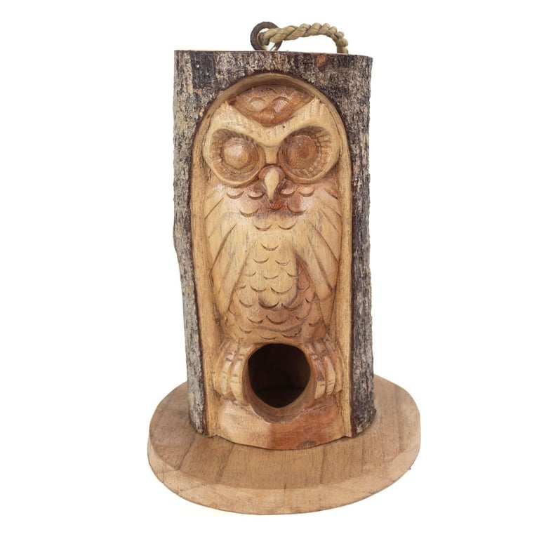 Pine Wood Handcarved Winking Owl Bird House - Wildlife Garden Decoration