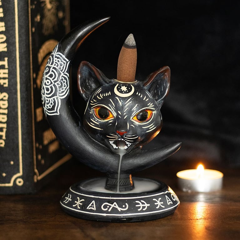 Black Cat Moon Backflow Incense Burner - Magical Smoke Focusing Decorative Piece