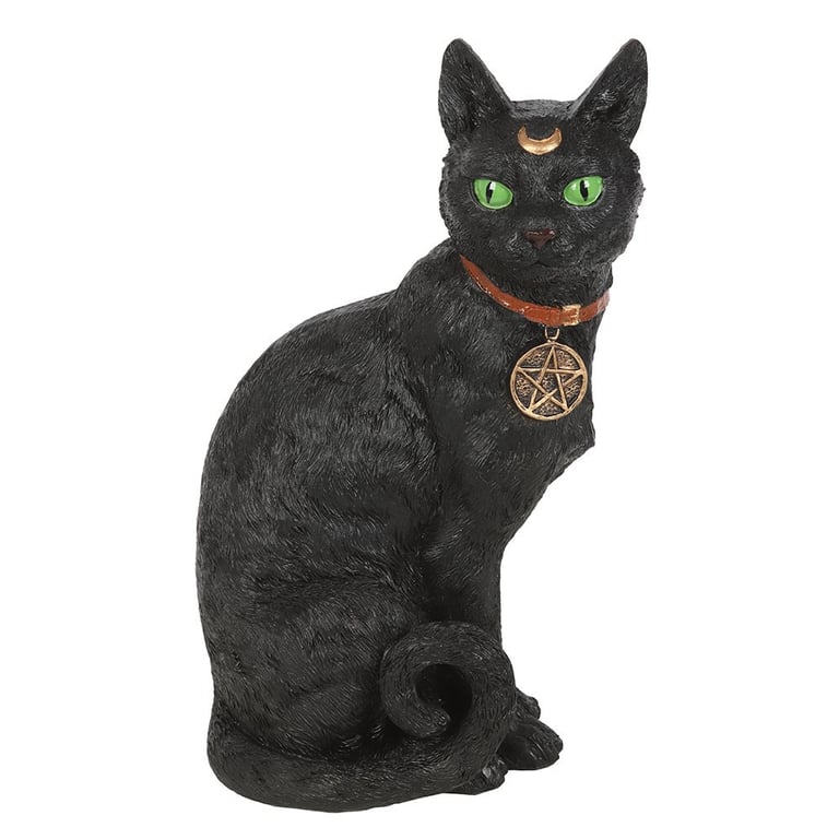 Black Cat Figurine - Magical Home Decor Ornament with Green Eyes and Pentacle Detail