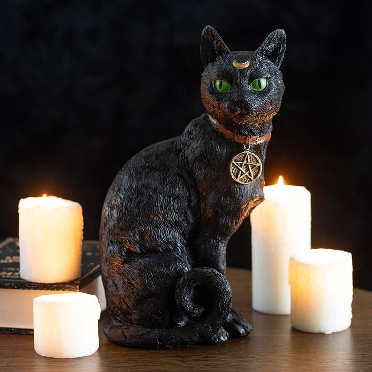 Black Cat Figurine - Magical Home Decor Ornament with Green Eyes and Pentacle Detail