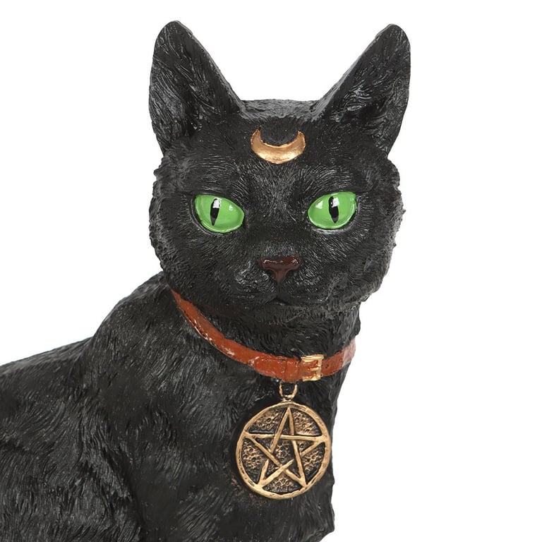 Black Cat Figurine - Magical Home Decor Ornament with Green Eyes and Pentacle Detail