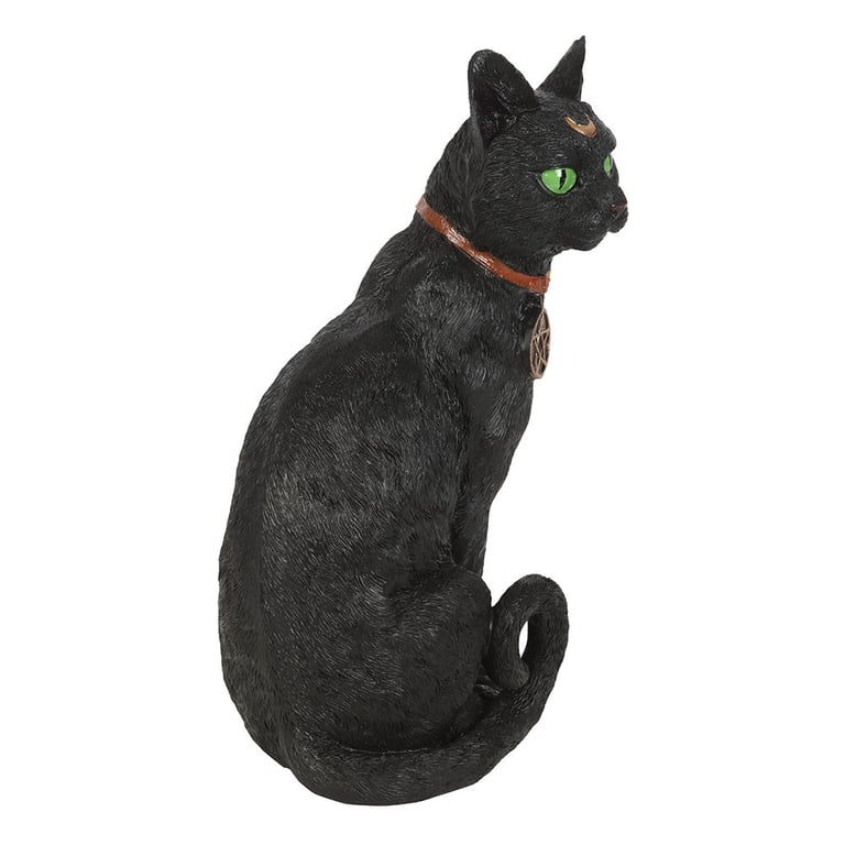 Black Cat Figurine - Magical Home Decor Ornament with Green Eyes and Pentacle Detail