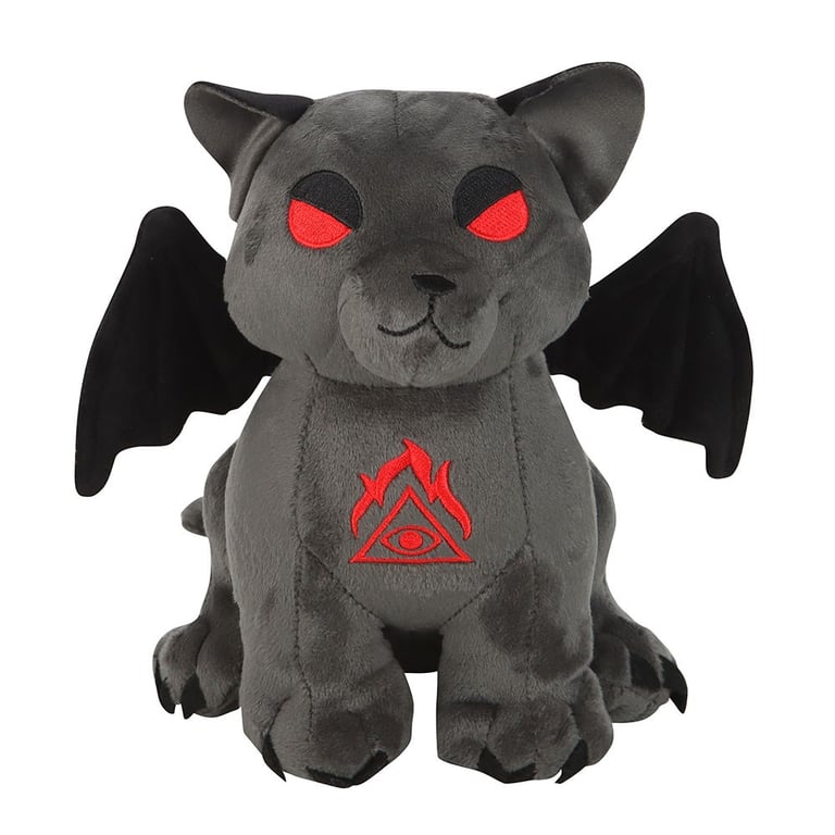 Vampire Cat Plush Toy - Soft Grey Feline with Bat Wings and All-Seeing Eye Design