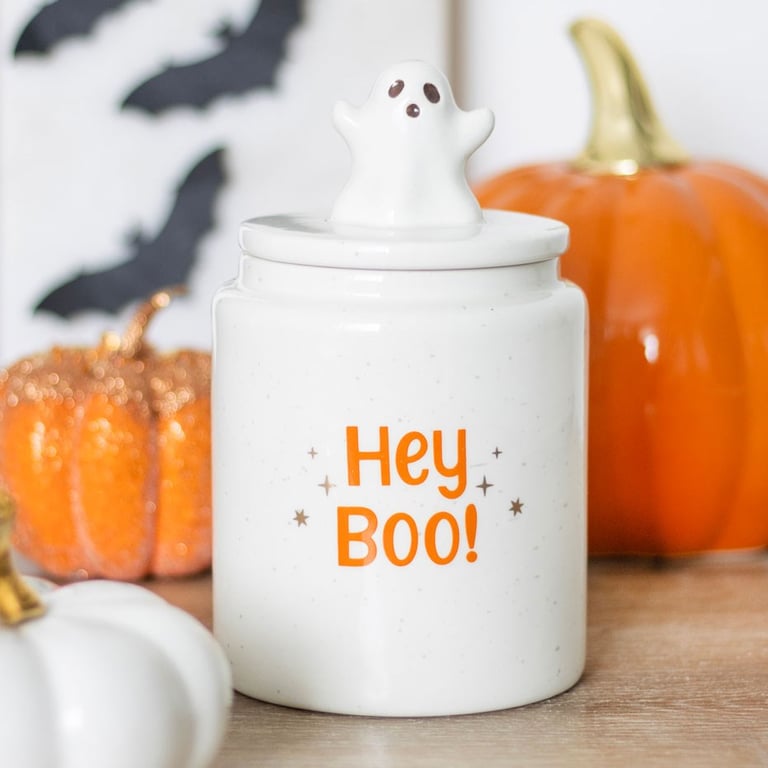 Hey Boo Ceramic Ghost Storage Jar - Food Safe Halloween Home Decor
