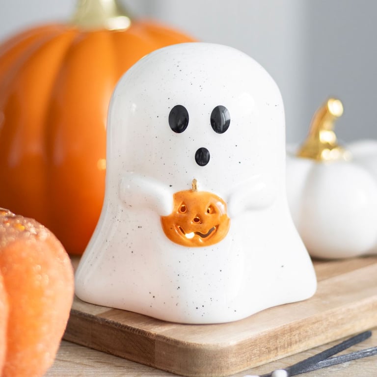 Ghost Shaped Tealight Holder with Pumpkin - Whimsical Autumn Home Decor