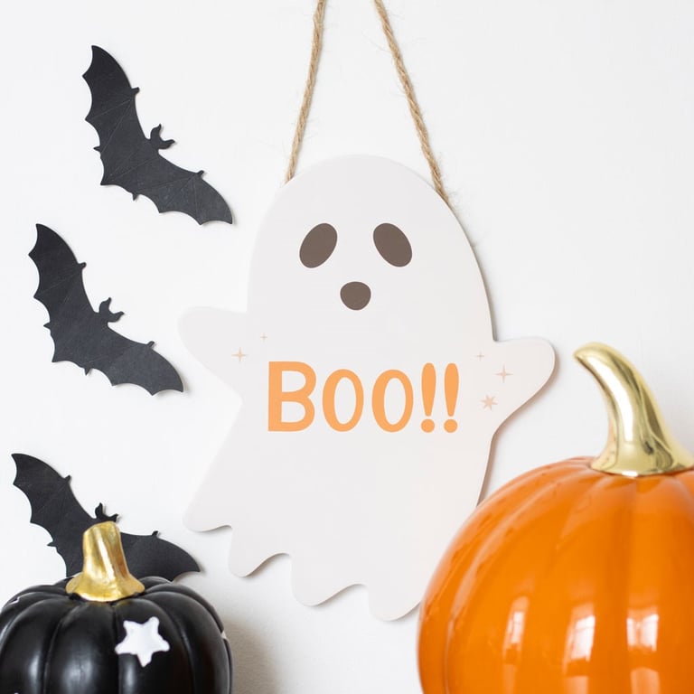 20cm Hanging Ghost Sign - Boo Text Halloween Decor Wall Decoration