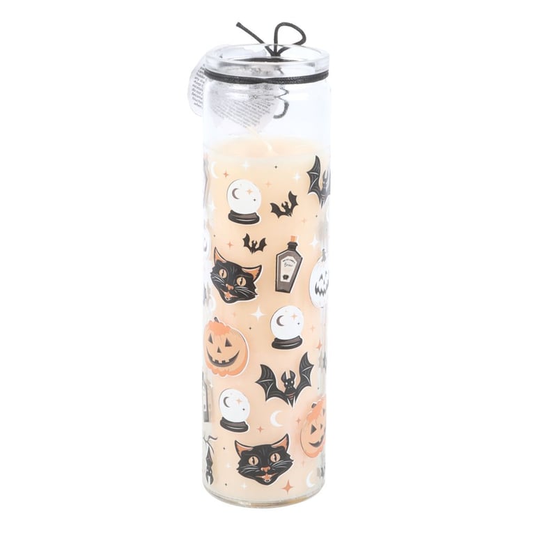 Spooky Spiced Pumpkin Tube Candle - 70hr Paraffin Wax, Retro Black Cat Print, Halloween Fragrance