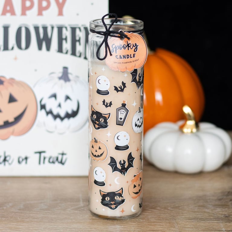 Spooky Spiced Pumpkin Tube Candle - 70hr Paraffin Wax, Retro Black Cat Print, Halloween Fragrance