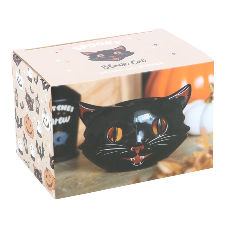 Spooky Black Cat Ceramic Oil Burner - Vintage Halloween Decoration with Ambient Light