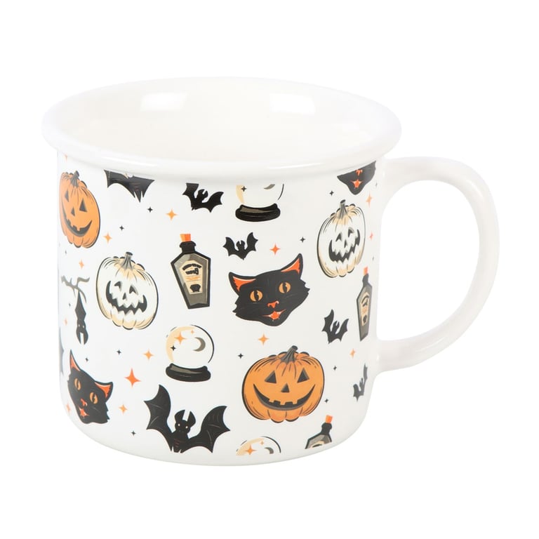 Vintage Halloween Spooky Cat & Pumpkin Ceramic Mug - 480ml Microwave Safe