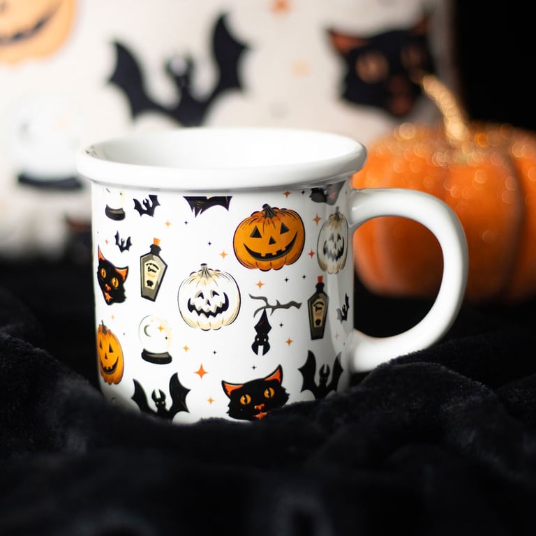 Vintage Halloween Spooky Cat & Pumpkin Ceramic Mug - 480ml Microwave Safe