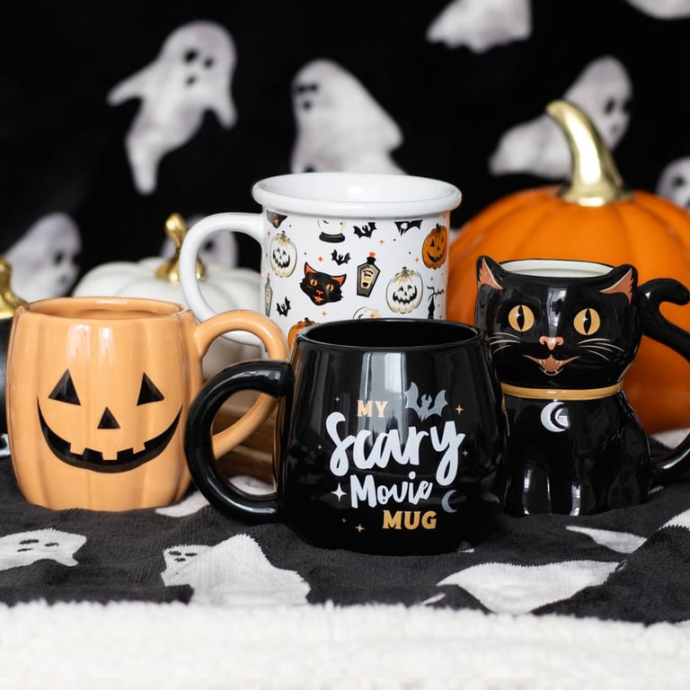 Vintage Halloween Spooky Cat & Pumpkin Ceramic Mug - 480ml Microwave Safe