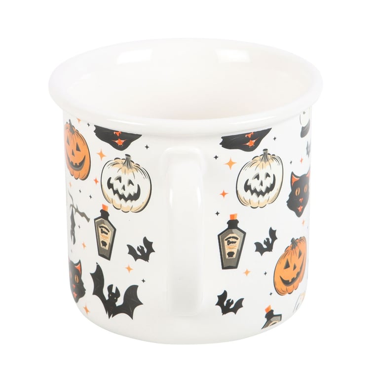 Vintage Halloween Spooky Cat & Pumpkin Ceramic Mug - 480ml Microwave Safe