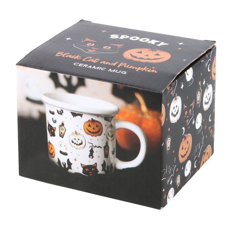Vintage Halloween Spooky Cat & Pumpkin Ceramic Mug - 480ml Microwave Safe