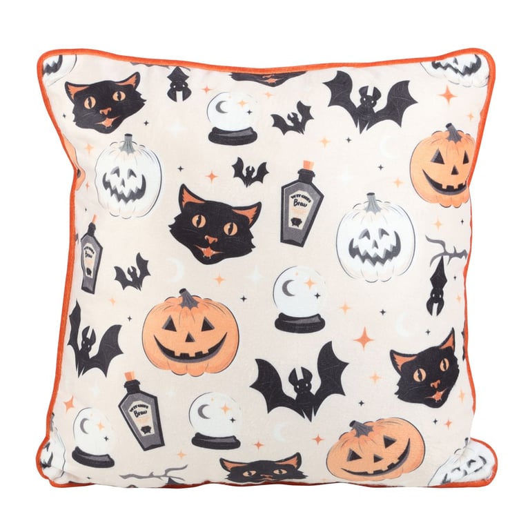 Vintage Halloween Cushion - 35cm Square Spooky Cat and Pumpkin Print Cushion for Home Decor