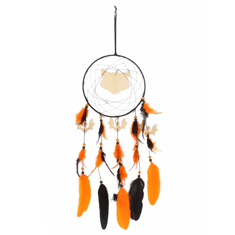 Black Cat Halloween Dreamcatcher - Spooky Home Decoration with Bat Details and Mysterious Feline Centre