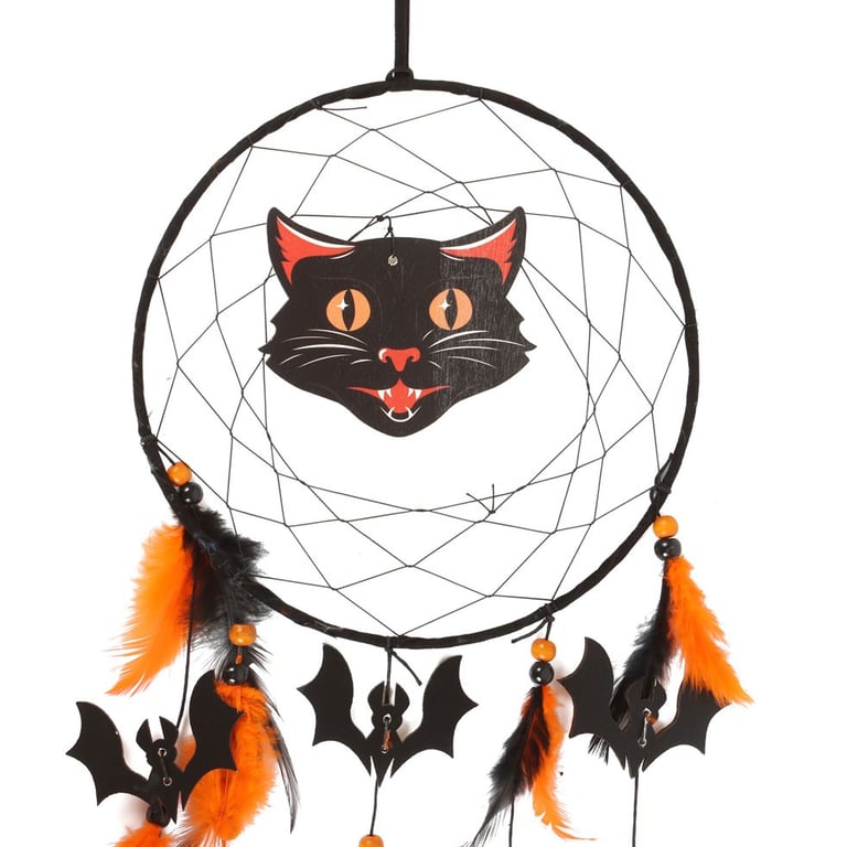 Black Cat Halloween Dreamcatcher - Spooky Home Decoration with Bat Details and Mysterious Feline Centre