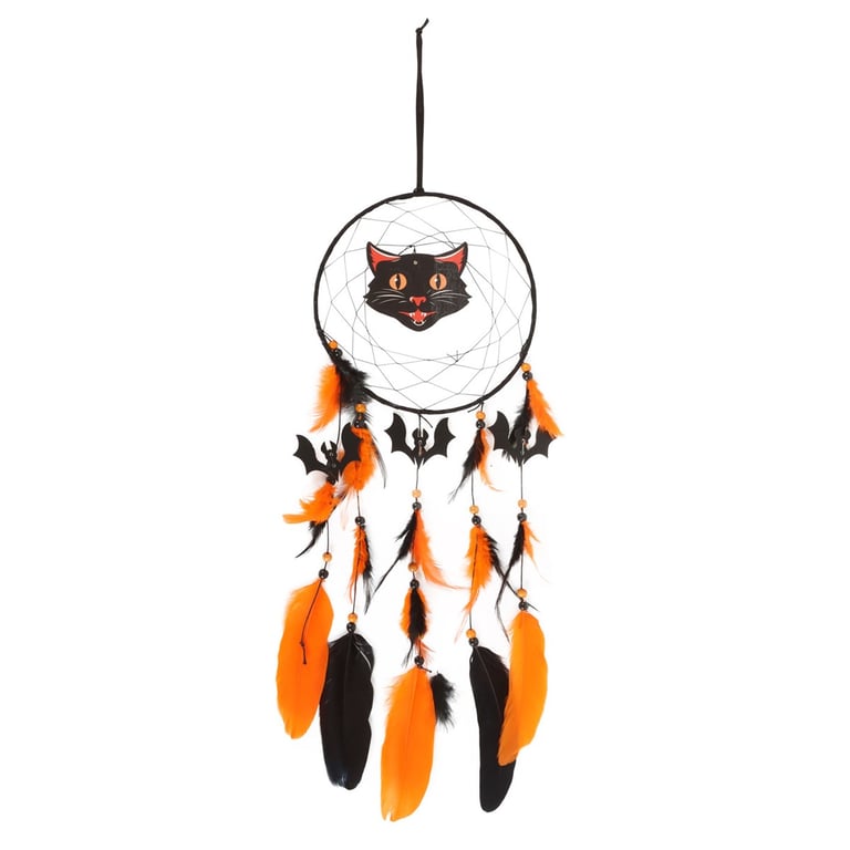 Black Cat Halloween Dreamcatcher - Spooky Home Decoration with Bat Details and Mysterious Feline Centre