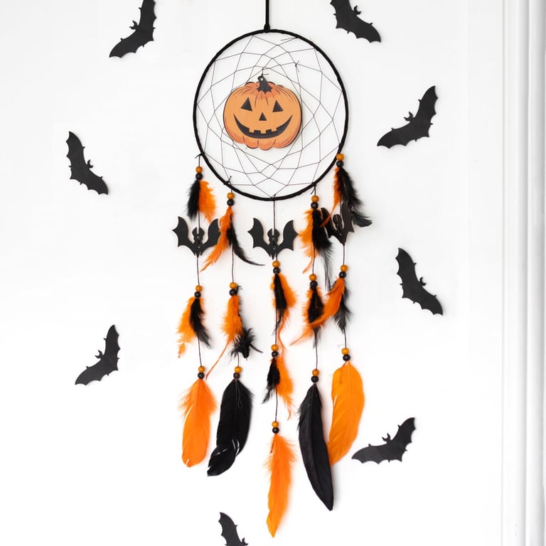 Pumpkin Halloween Dreamcatcher - Spooky Black Bat Decoration for Trick or Treaters