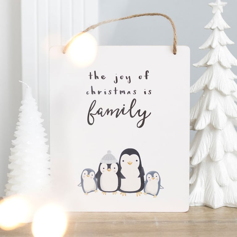 Joy of Christmas Penguin Family Hanging Sign - Holiday Home Decor Decoration