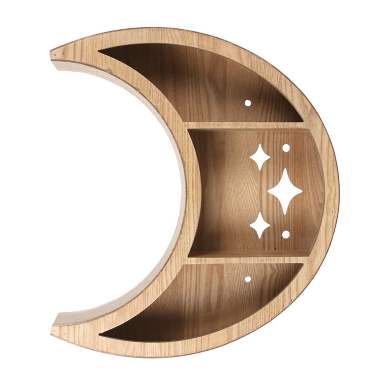 Wooden Crescent Moon Wall Shelf - Crystal Display & Home Decor MDF Accent with Light Wood Grain Effect