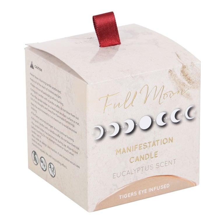 Full Moon Eucalyptus Manifestation Candle with Tiger s Eye - Paraffin Wax, 25hr Burn Time