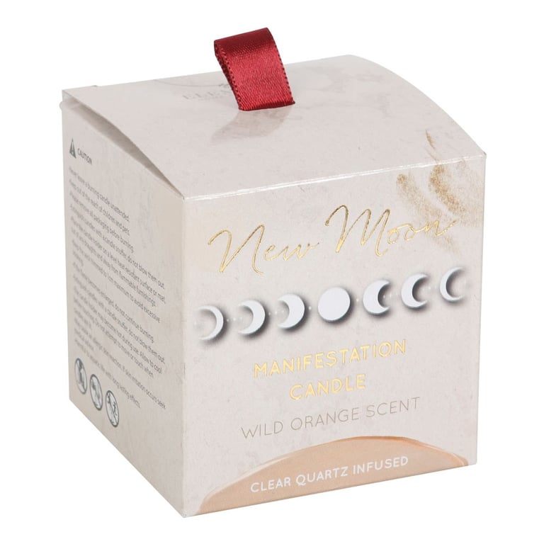 New Moon Wild Orange Manifestation Candle with Clear Quartz - 25hr Burn Time & Repurposed Crystals