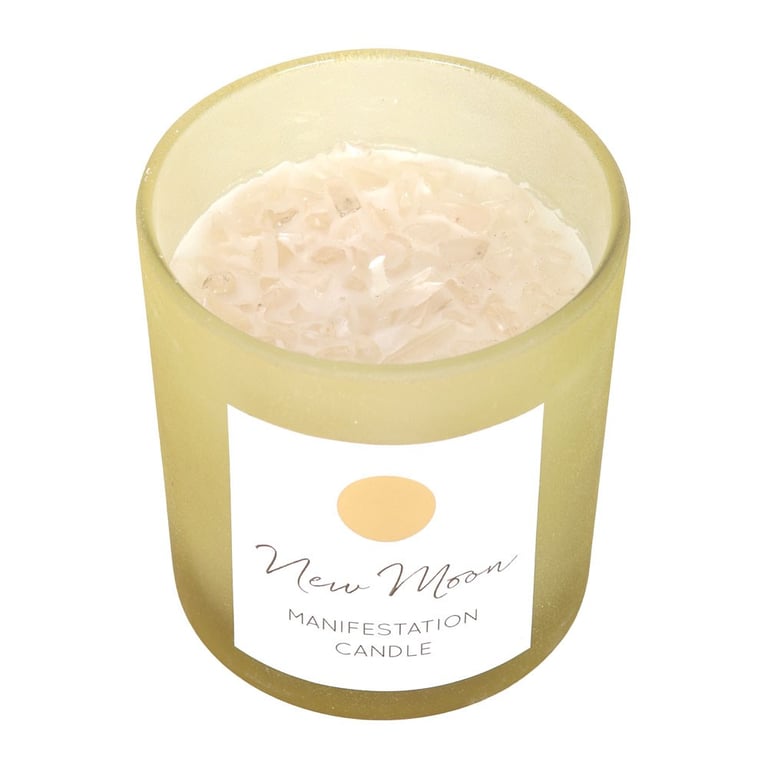 New Moon Wild Orange Manifestation Candle with Clear Quartz - 25hr Burn Time & Repurposed Crystals