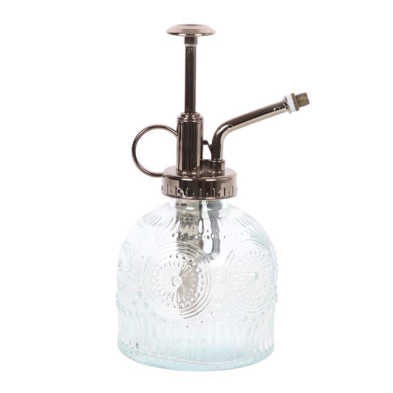 Clear Patterned Glass Plant Mister with Vintage Design and Thumb Holder