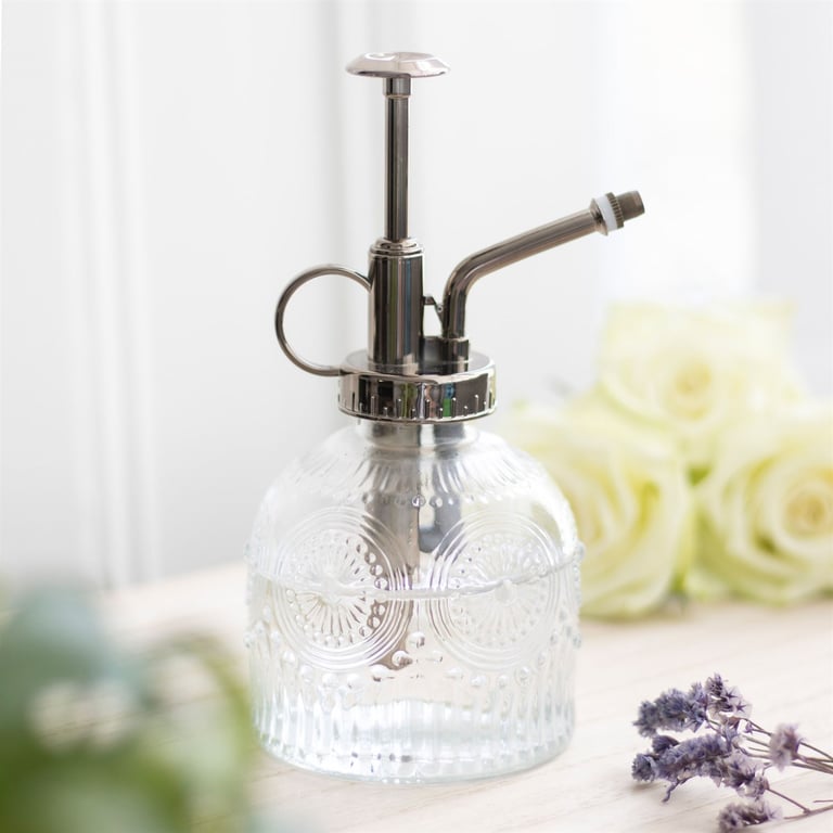 Clear Patterned Glass Plant Mister with Vintage Design and Thumb Holder