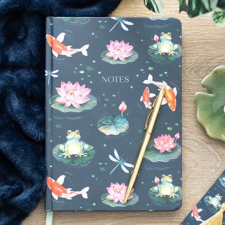 Pond Print A5 Notebook with Gold Foil Pages and Mint Green Ribbon Marker