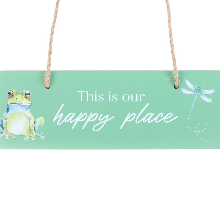 Light Green Happy Place Hanging Sign with Frog and Dragonfly Design - Rustic Patio Decor