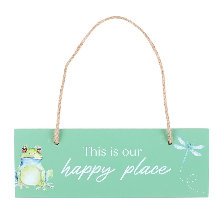 Light Green Happy Place Hanging Sign with Frog and Dragonfly Design - Rustic Patio Decor